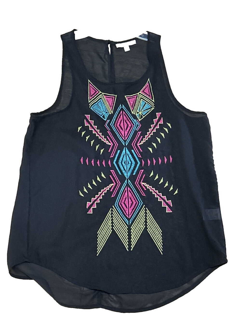 Gianni Bini XS Black Chiffon Embroidered Sleeveless Tank Top Western Aztec Hippi